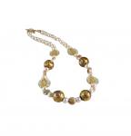 "Matinee" Necklace in 23-Karat Gold Leaf on Lava Stone, Freshwater Pearls, Lamp work Czech Glass