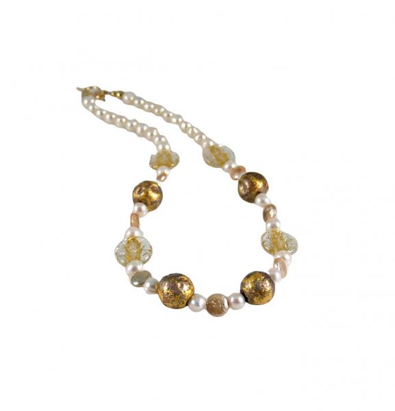 "Matinee" Necklace in 23-Karat Gold Leaf on Lava Stone, Freshwater Pearls, Lamp work Czech Glass picture