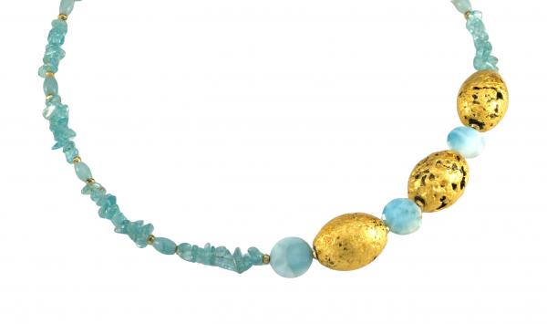 "Crystal Lake" Necklace in 23-Karat Gold Leaf on Three Lava Stones, Apatite, Larimar, and 24-Karat Gold-Plate Over Pyrite picture