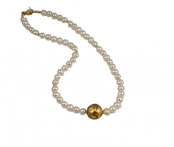"I Do" Necklace in 23-Karat Gold Leaf on Lava, Freshwater Pearls, and 14-Karat Gold-filled Toggle Clasp