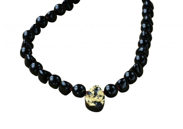 Cosmic Glow Necklace in 23-Karat Gold Leaf on Tektite Stone, Onyx, Red Seed Beads, 14-Karat Gold-Filled Toggle Clasp picture