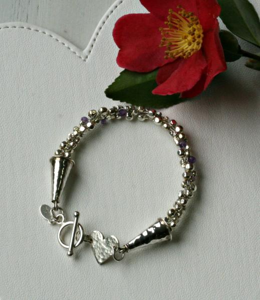 "Lavender Rain" Kumihimo Bracelet in Sterling Silver, Amethyst, Hand-Hammered Sterling Heart picture