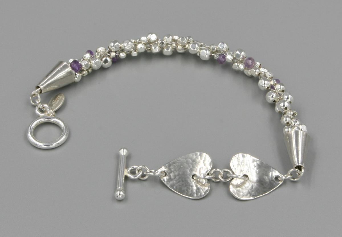 "Two Hearts" Sterling Silver and Amethyst Kumihimo Bracelet With Hand-Hammered Sterling Hearts picture