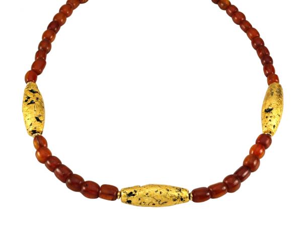 "Amber Glow" Necklace - Amber, Hand-Gilded 23-Karat Gold Leaf, Lava, 14-Karat Gold-filled Beads, Toggle Clasp, and Signature Tag picture