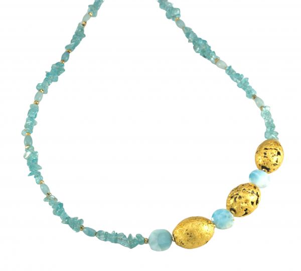 "Crystal Lake" Necklace in 23-Karat Gold Leaf on Three Lava Stones, Apatite, Larimar, and 24-Karat Gold-Plate Over Pyrite picture