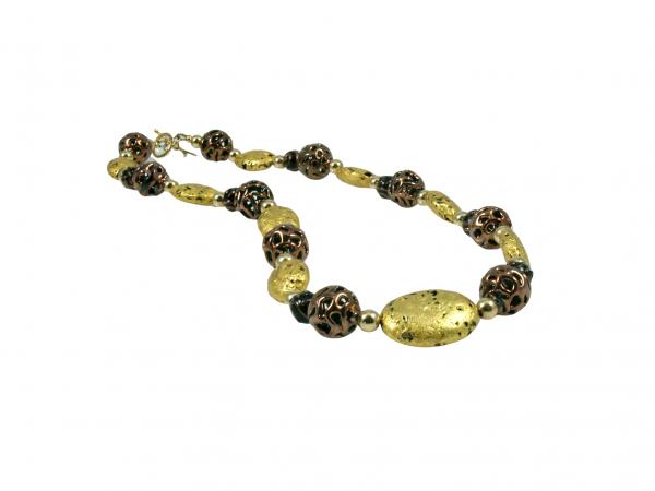 "Chocolate Lace" Necklace - Hand-Gilded 23-Karat Gold Leaf, Lava Stone, Lampwork Czech Glass, 14-Karat Gold-Filled Toggle Clasp, and Signature Tag picture