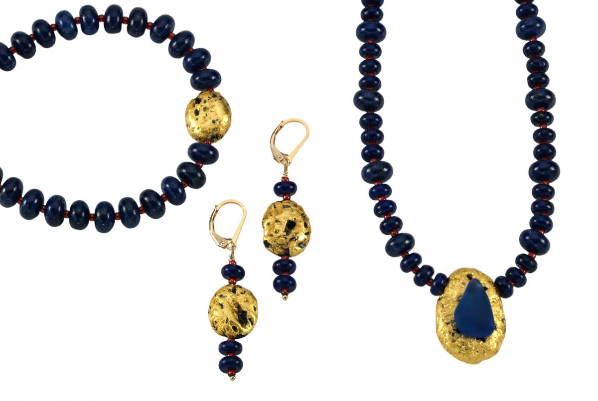 Lapis Magic Earrings - Lapis Lazuli, Red Seed Beads, 23-Karat Gold on Lava Nugget, Gold Leverbacks picture