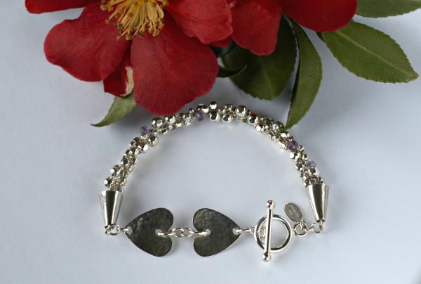 "Two Hearts" Sterling Silver and Amethyst Kumihimo Bracelet With Hand-Hammered Sterling Hearts picture