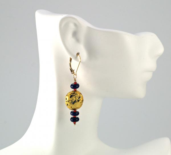 Lapis Magic Earrings - Lapis Lazuli, Red Seed Beads, 23-Karat Gold on Lava Nugget, Gold Leverbacks