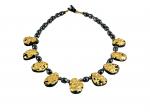 "Mezzo Soprano" Necklace in 23-Karat Gold on Tektite, Onyx, Pyrite, and Swarovski Crystal Pearls