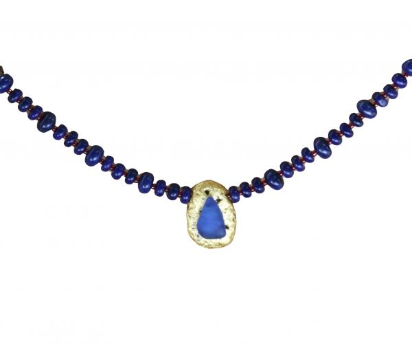 "Lapis Magic" Choker Length Necklace - Lapis Lazuli Saucer Beads, Red Seed Beads, 23-Karat Gold on Lava Nugget, Tumbled Blue Glass, Toggle Clasp picture