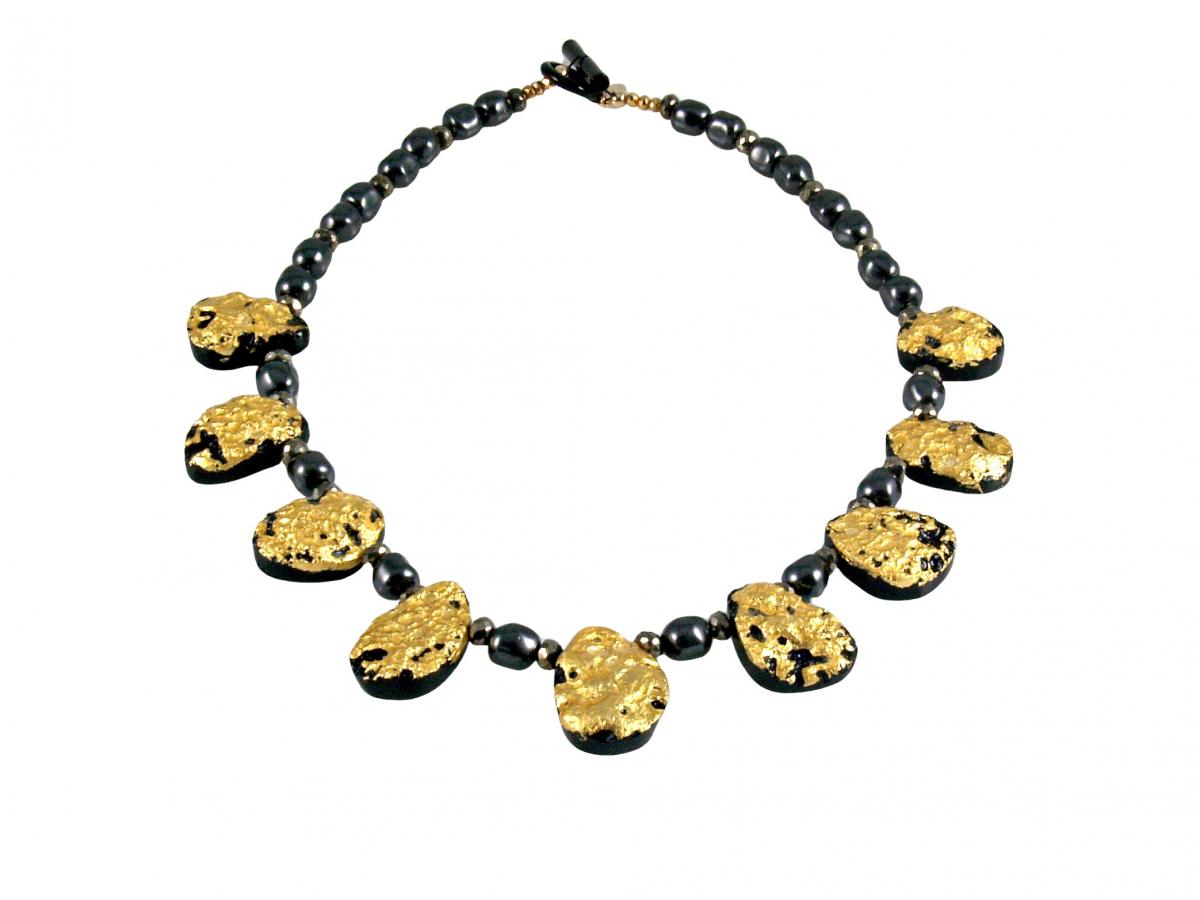 "Mezzo Soprano" Necklace in 23-Karat Gold on Tektite, Onyx, Pyrite, and Swarovski Crystal Pearls picture
