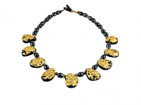 "Mezzo Soprano" Necklace in 23-Karat Gold on Tektite, Onyx, Pyrite, and Swarovski Crystal Pearls picture