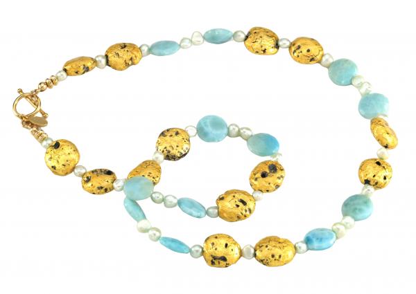 "Beloved" Necklace in 23-Karat Gold Leaf on Lava Stone, Larimar, and Freshwater Pearls picture