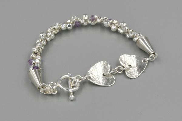 "Two Hearts" Sterling Silver and Amethyst Kumihimo Bracelet With Hand-Hammered Sterling Hearts picture