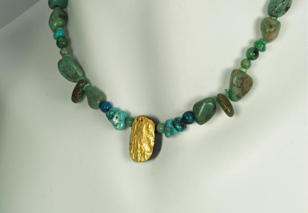 "Sun Dance" Necklace in 23-Karat Gold on Black Tektite, Green Turquoise, Azurite/Malachite picture