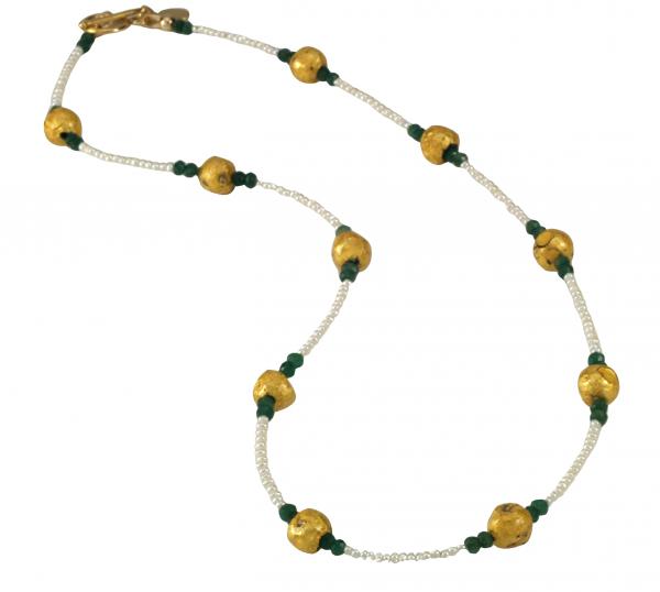 "Emerald Kisses" Necklace - Hand-Gilded 23-Karat Gold Leaf on Lava Stone, Emeralds, Freshwater Pearls picture