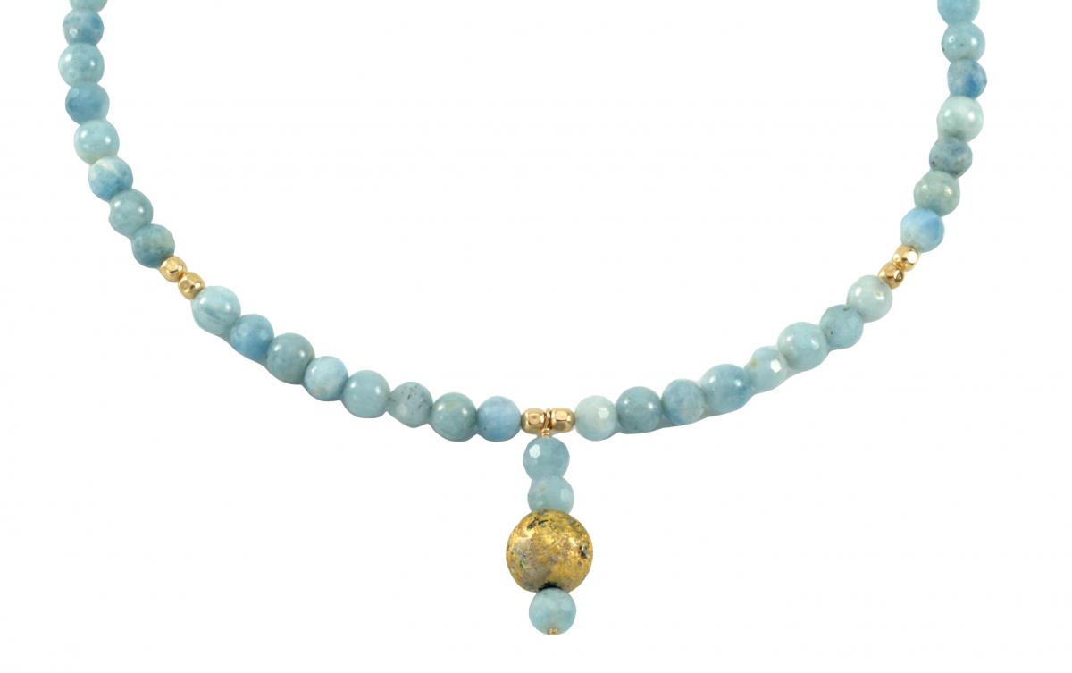 "Aquamarine Glow" Necklace - Gilded 23-Karat Gold Leaf, Aquamarine, Gold Beads, Gold Toggle Clasp picture