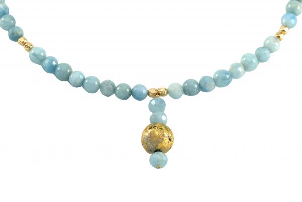 "Aquamarine Glow" Necklace - Gilded 23-Karat Gold Leaf, Aquamarine, Gold Beads, Gold Toggle Clasp picture