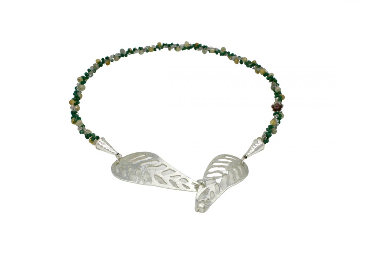 "Falling Leaves" Kumihimo Necklace in Emeralds, Sapphires, Sterling Silver, Ruby and Glass picture