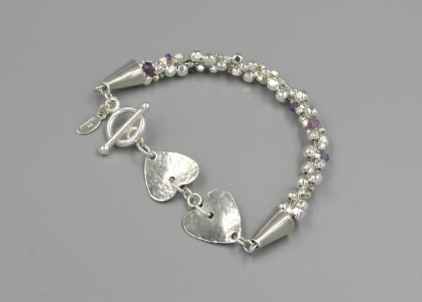 "Two Hearts" Sterling Silver and Amethyst Kumihimo Bracelet With Hand-Hammered Sterling Hearts picture