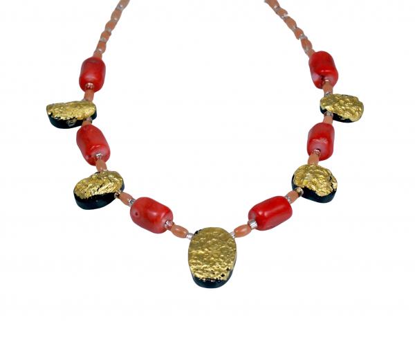 "Splendid" Necklace in 23-Karat Gold on Black Tektite, Coral, Czech Glass picture