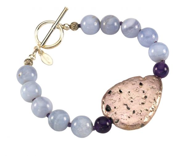 "Sky Bright" - Hand-gilded Silver on Lava, Blue Agate, Amethyst, and Toggle Clasp Bracelet picture