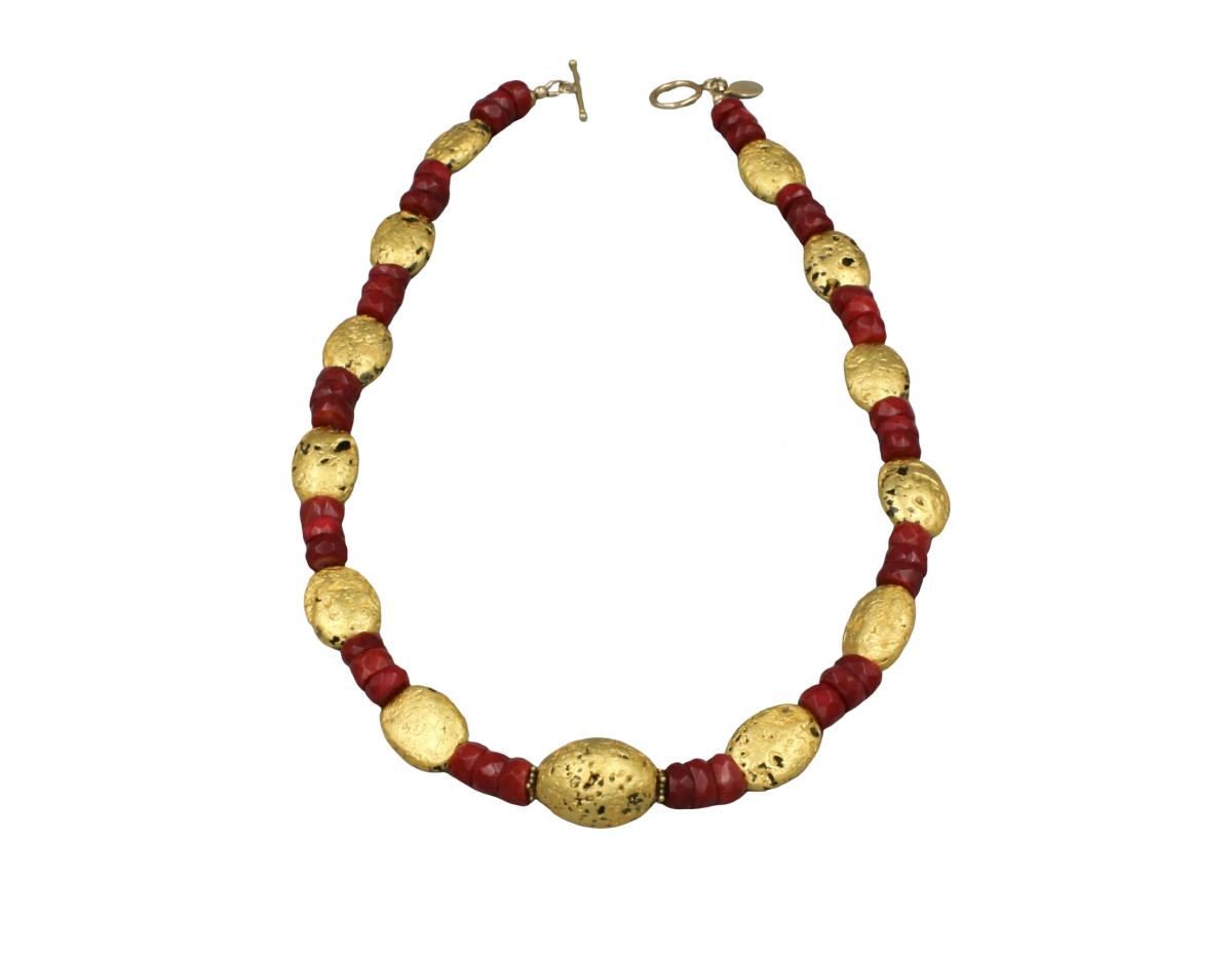 "Luscious Coral" Necklace 23-Karat Gold Leaf on Stone, Faceted Coral picture