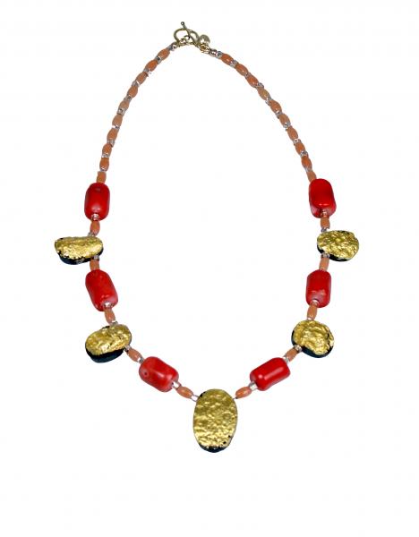 "Splendid" Necklace in 23-Karat Gold on Black Tektite, Coral, Czech Glass picture
