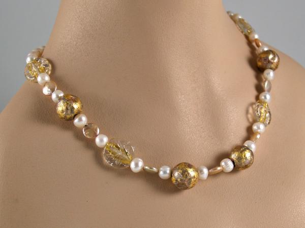 "Matinee" Necklace in 23-Karat Gold Leaf on Lava Stone, Freshwater Pearls, Lamp work Czech Glass picture