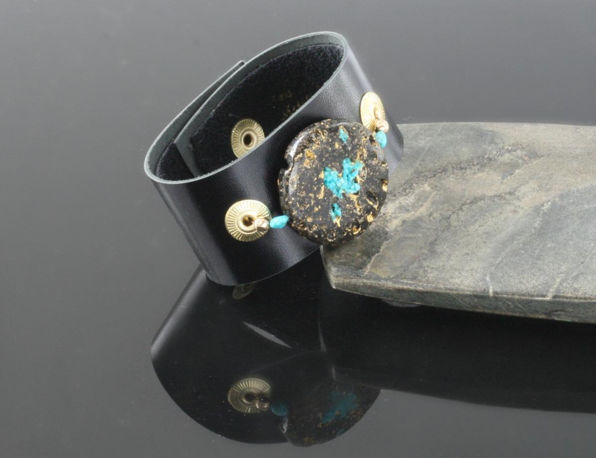 Glow Cuff Turquoise 23-Karat Gold on Lava Stone, Turquoise, Black Kid leather picture