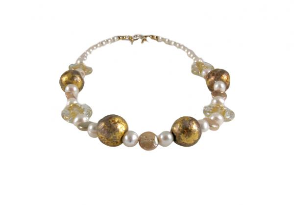 "Matinee" Necklace in 23-Karat Gold Leaf on Lava Stone, Freshwater Pearls, Lamp work Czech Glass picture
