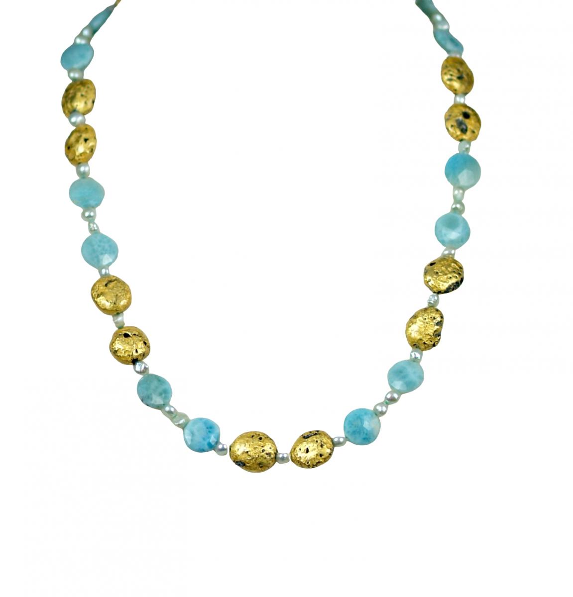 "Beloved" Necklace in 23-Karat Gold Leaf on Lava Stone, Larimar, and Freshwater Pearls picture
