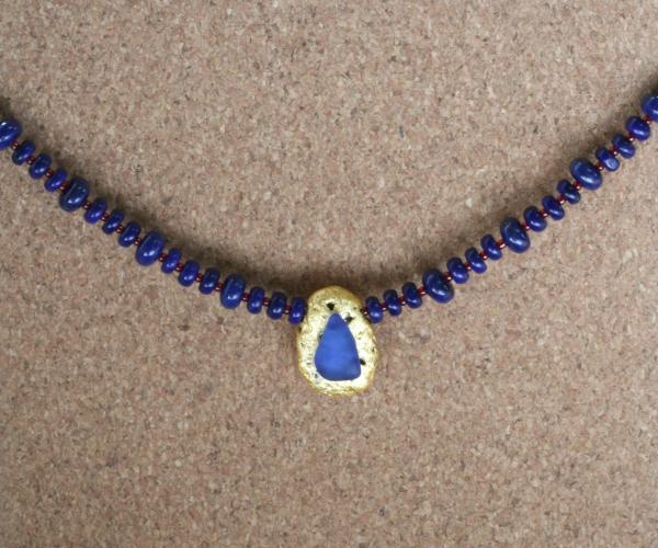 "Lapis Magic" Choker Length Necklace - Lapis Lazuli Saucer Beads, Red Seed Beads, 23-Karat Gold on Lava Nugget, Tumbled Blue Glass, Toggle Clasp picture