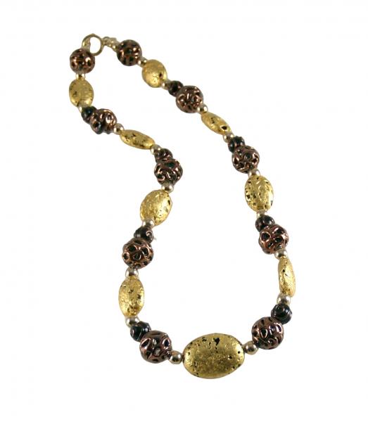 "Chocolate Lace" Necklace - Hand-Gilded 23-Karat Gold Leaf, Lava Stone, Lampwork Czech Glass, 14-Karat Gold-Filled Toggle Clasp, and Signature Tag picture