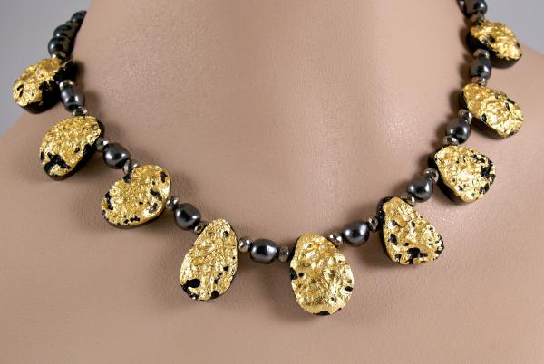 "Mezzo Soprano" Necklace in 23-Karat Gold on Tektite, Onyx, Pyrite, and Swarovski Crystal Pearls picture