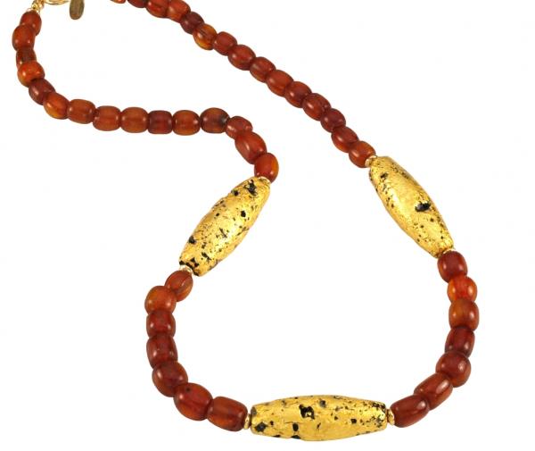 "Amber Glow" Necklace - Amber, Hand-Gilded 23-Karat Gold Leaf, Lava, 14-Karat Gold-filled Beads, Toggle Clasp, and Signature Tag picture