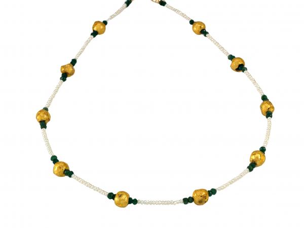 "Emerald Kisses" Necklace - Hand-Gilded 23-Karat Gold Leaf on Lava Stone, Emeralds, Freshwater Pearls picture