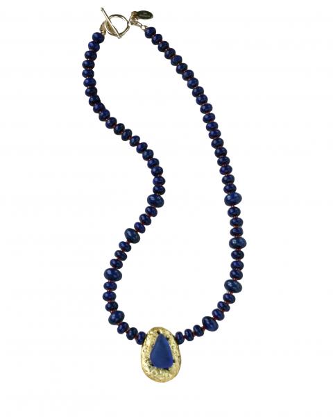 "Lapis Magic" Choker Length Necklace - Lapis Lazuli Saucer Beads, Red Seed Beads, 23-Karat Gold on Lava Nugget, Tumbled Blue Glass, Toggle Clasp picture