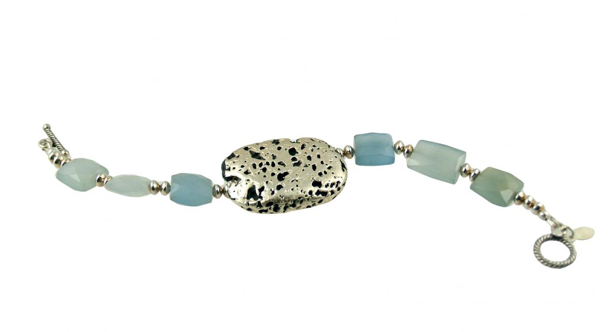 "Baby Blue Glow" Bracelet in Chalcedony and White Gold Leaf on Lava picture