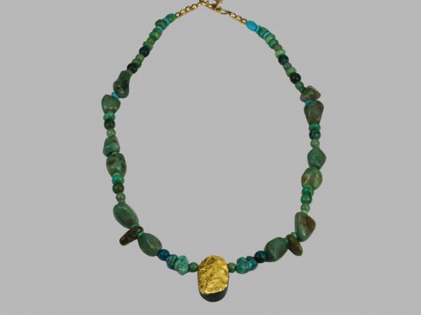 "Sun Dance" Necklace in 23-Karat Gold on Black Tektite, Green Turquoise, Azurite/Malachite picture
