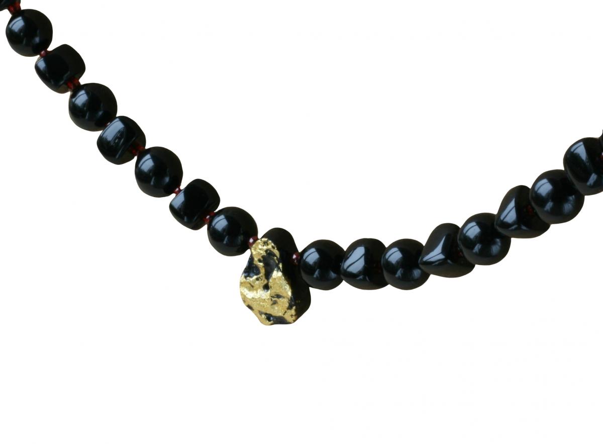 Cosmic Glow Necklace in 23-Karat Gold Leaf on Tektite Stone, Onyx, Red Seed Beads, 14-Karat Gold-Filled Toggle Clasp picture