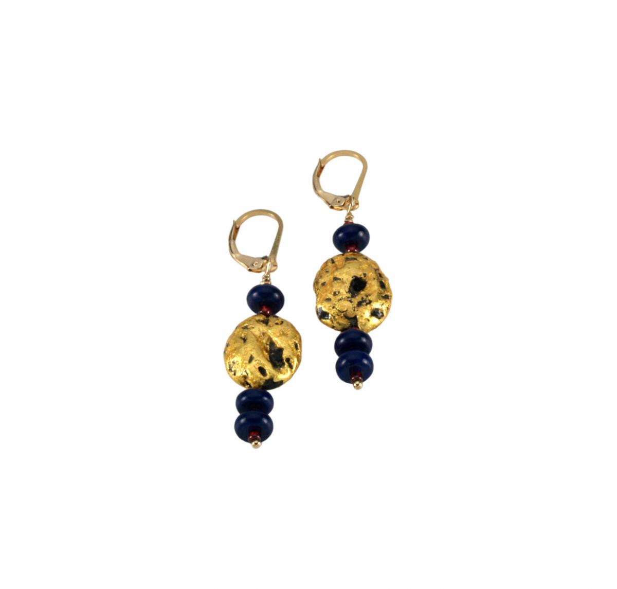 Lapis Magic Earrings - Lapis Lazuli, Red Seed Beads, 23-Karat Gold on Lava Nugget, Gold Leverbacks picture