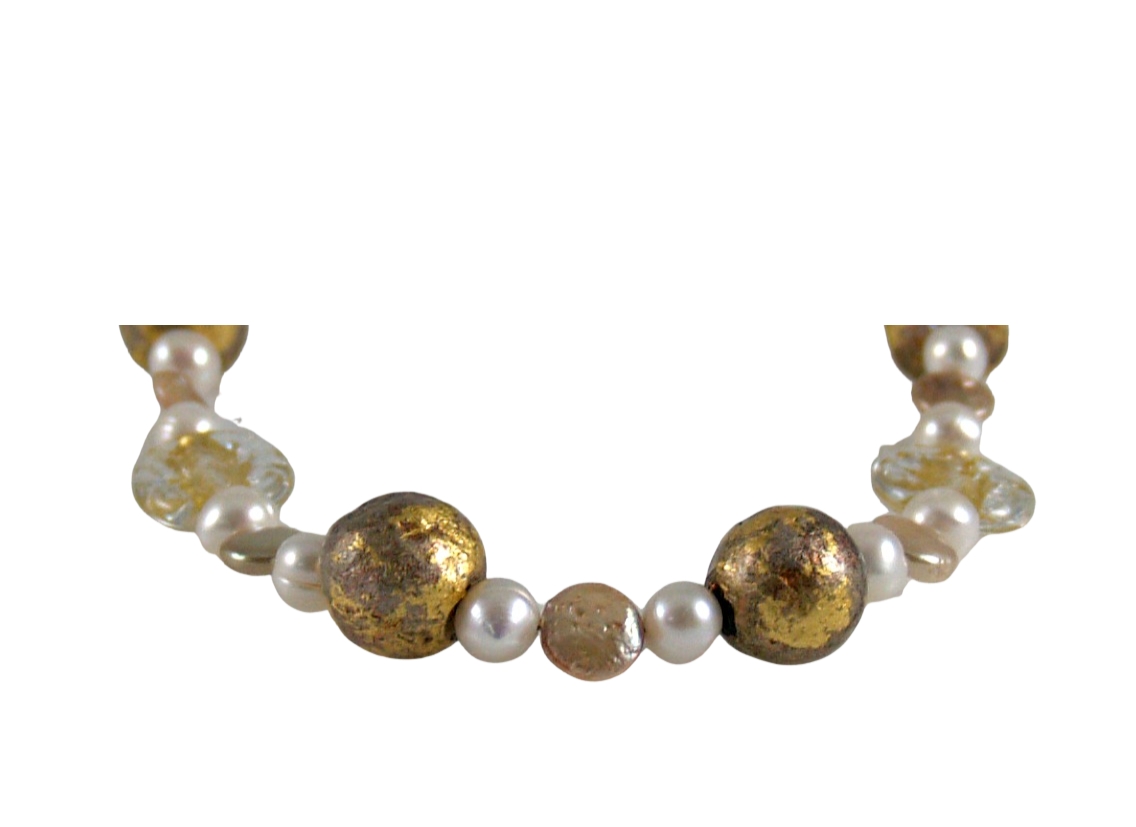 "Matinee" Necklace in 23-Karat Gold Leaf on Lava Stone, Freshwater Pearls, Lamp work Czech Glass picture