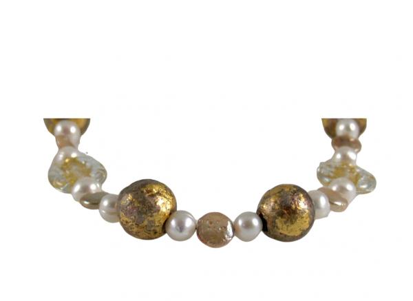 "Matinee" Necklace in 23-Karat Gold Leaf on Lava Stone, Freshwater Pearls, Lamp work Czech Glass picture