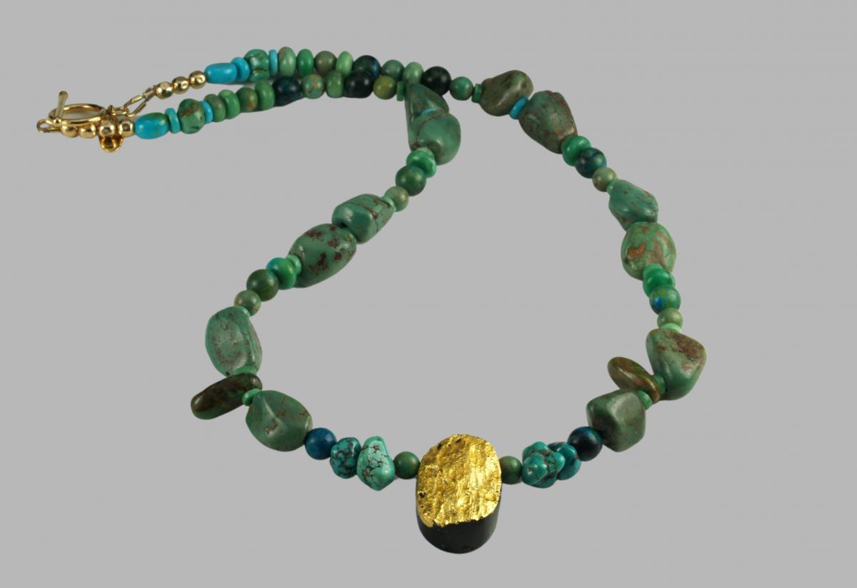 "Sun Dance" Necklace in 23-Karat Gold on Black Tektite, Green Turquoise, Azurite/Malachite picture