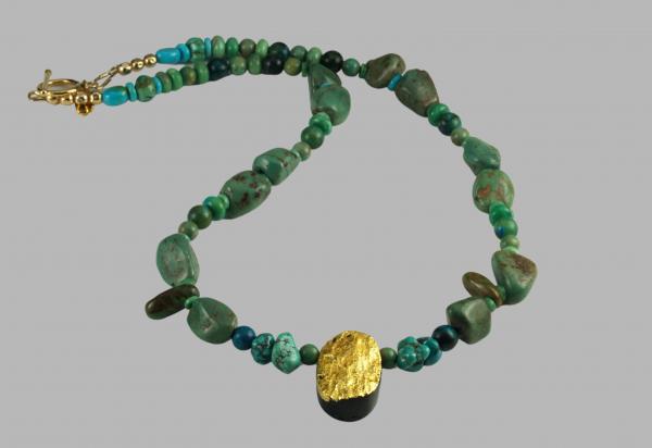 "Sun Dance" Necklace in 23-Karat Gold on Black Tektite, Green Turquoise, Azurite/Malachite picture