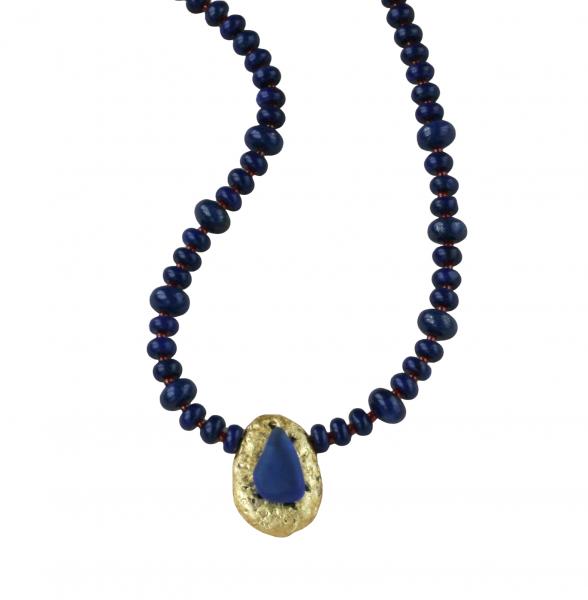 "Lapis Magic" Choker Length Necklace - Lapis Lazuli Saucer Beads, Red Seed Beads, 23-Karat Gold on Lava Nugget, Tumbled Blue Glass, Toggle Clasp picture