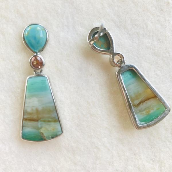 Sold - Turquoise, Opalized Palm and faceted Sunstone drop earrings picture