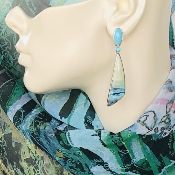 Turquoise, Opalized Palm and Blue Topaz earrings